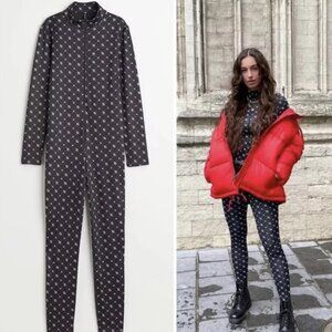 H&M DIVIDED Monogram Print Jumpsuit zip long sleeve SECOND SKIN XS marine